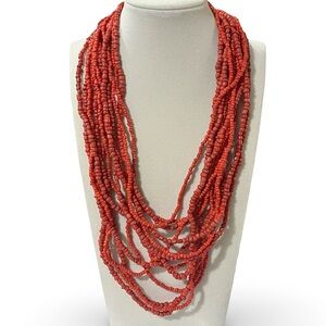 Vintage 80s Coral Red Bead Layered Statement Necklace Wood Clasp